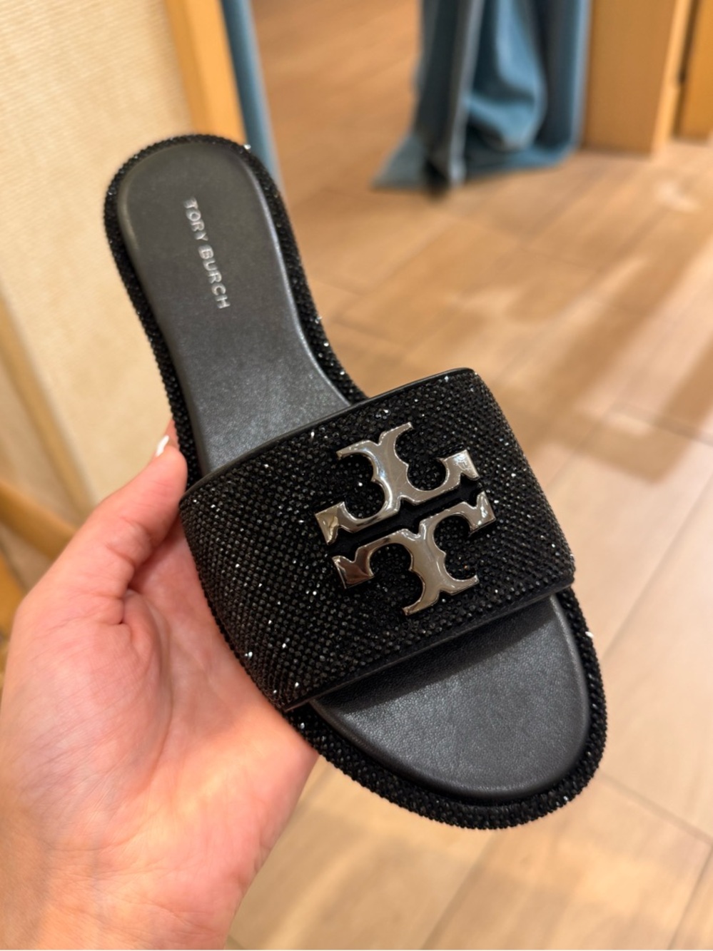 Tory Burch Everly Rhinestone Slide Sandals, Black / Jet / Pewter, RUNS SMALL